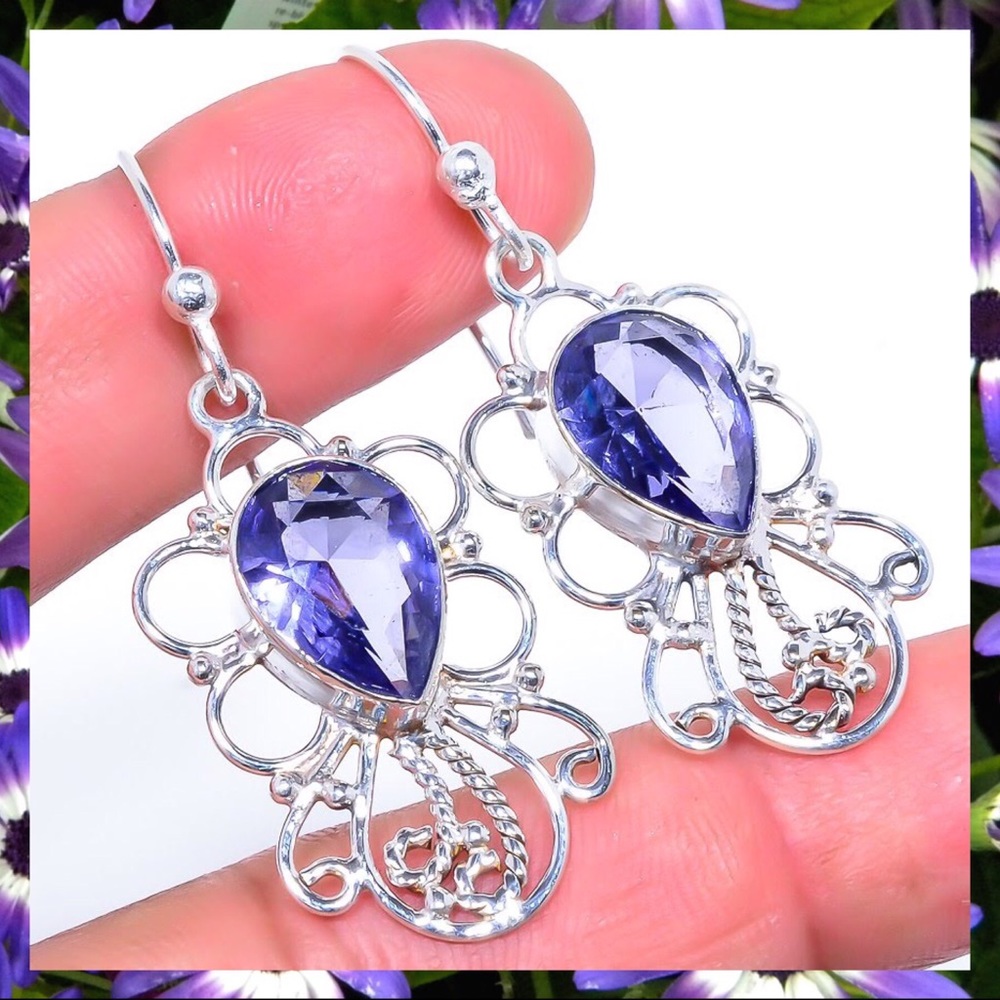 Radiant Iolite Gemstone Halo Dangle 925 Earrings